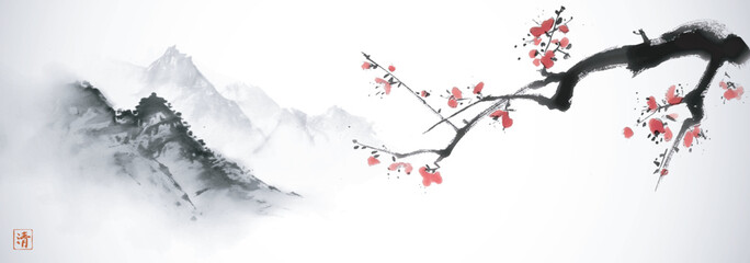 Ink painting of cherry blossom branch and misty mountains. Traditional oriental ink painting sumi-e, u-sin, go-hua. Hieroglyph - clarity.