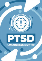 PTSD Awareness Month in June. Post Traumatic Stress Disorder. Celebrated annual in United States. Medical health care and awareness design. Poster, card, banner and background. Vector illustration