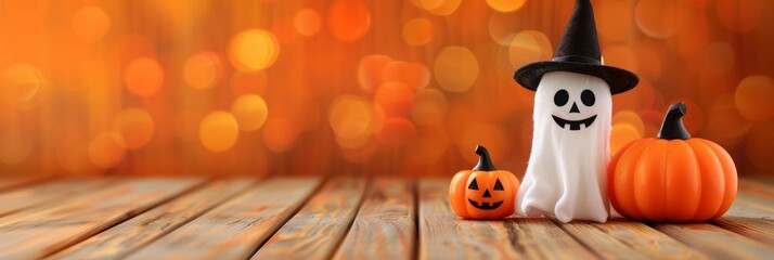 Halloween Celebration Theme with Smiling Ghost and Pumpkins on Wooden Table, banner, copy space