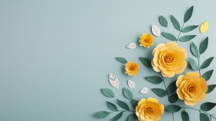 Paper art style yellow roses and green leaves, charming and imaginative, playful and cute, detailed and high definition