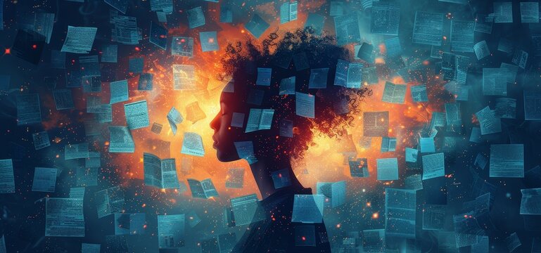 A silhouette of a human with English letters and documents floating around.