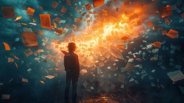 English letters and documents encircling a human silhouette as they float.