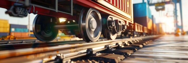 A close-up image of the wheels of a freight train moving on railroad tracks at a cargo port, transporting colorful shipping containers