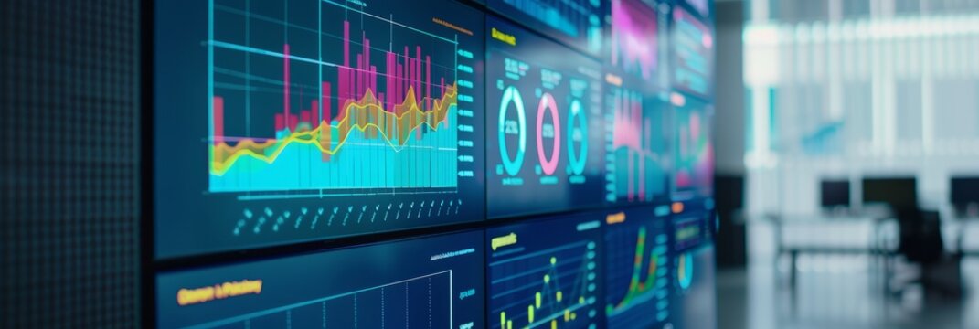 A closeup image of a modern computer screen displaying colorful data visualizations and charts