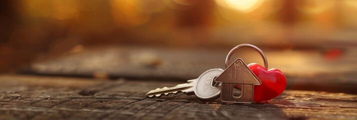 A closeup photo of a pair of shiny keys with a house-shaped keyring and a small red heart charm resting on a wooden surface