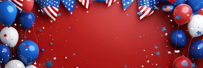 USA banner with blue, red, and white colors for a party An American flag is shown with bunting and balloons on the background Generative AI