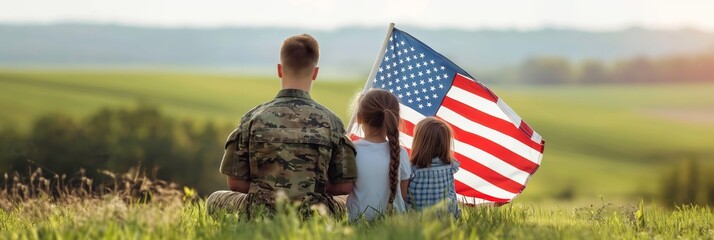 A military soldier, seated on a grassy field with two children, holds an American flag in a patriotic and serene setting, symbolizing unity and protection.