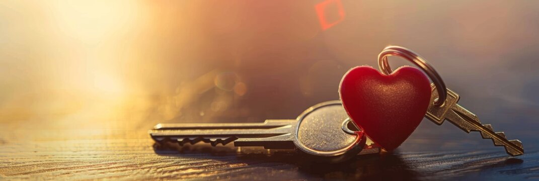 A close-up shot of two shiny keys with a house-shaped keyring and a small red heart charm. The keys are resting on a wooden surface, with a warm, sunlit background - Powered by Adobe