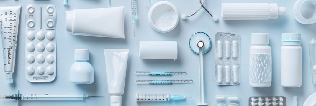 A closeup photo montage of various medical objects, including pills, syringes, tubes, and a stethoscope, all in a cohesive white and light blue color palette