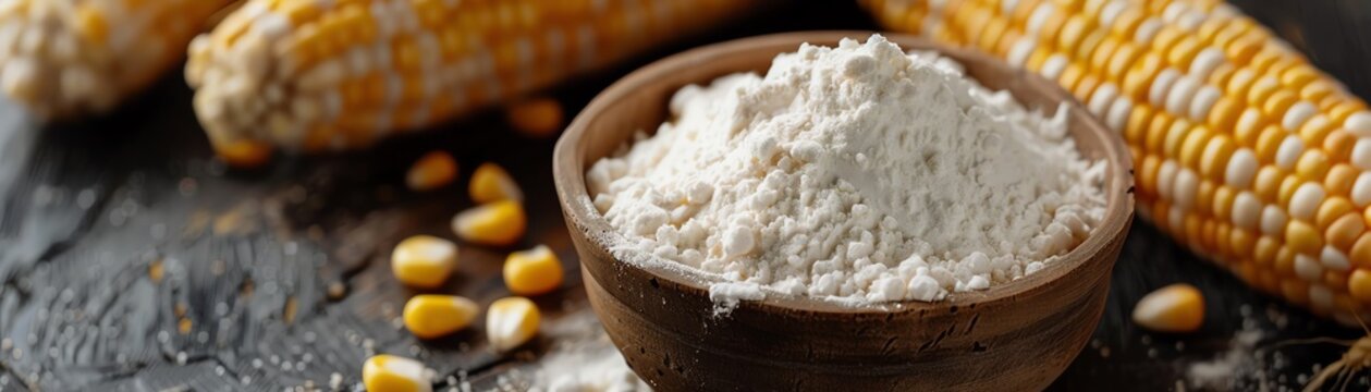 A bowl of fine white cornflour alongside fresh corn on the cob, highlighting culinary uses and food processing