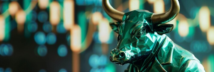 A close-up photograph of a green bull figurine, likely a symbol of financial success and a bullish market, set against a background of rising candlestick charts symbolizing trading activity