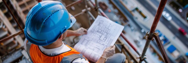 A hard hat engineer stands on a scaffolding overlooking a city street, meticulously reviewing detailed blueprints for a construction project