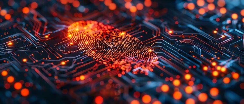 A Cybersecurity concept with a fingerprint overlay on a glowing digital circuit board