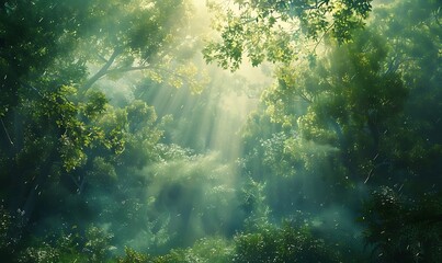 Obraz premium A magical forest scene with ethereal sunlight filtering through lush green trees and mist