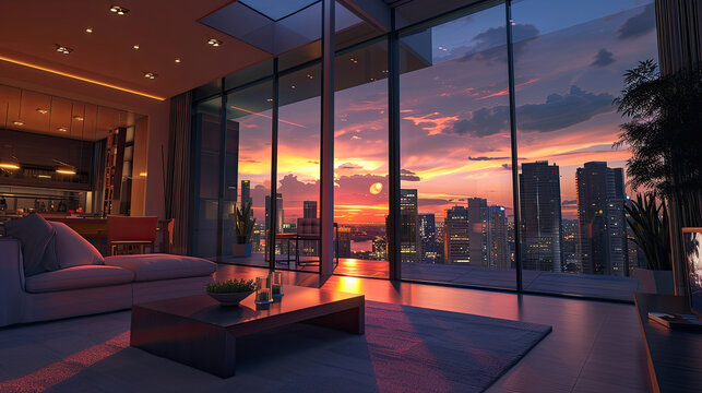A mesmerizing sunset in the city, casting a warm glow on a modern home's sleek facade. Floor-to-ceiling windows capture the vibrant hues, transforming the dwelling into a radiant urban sanctuary.