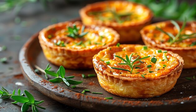 A Freshly baked mini quiches on a rustic plate with herbs, ready to be served