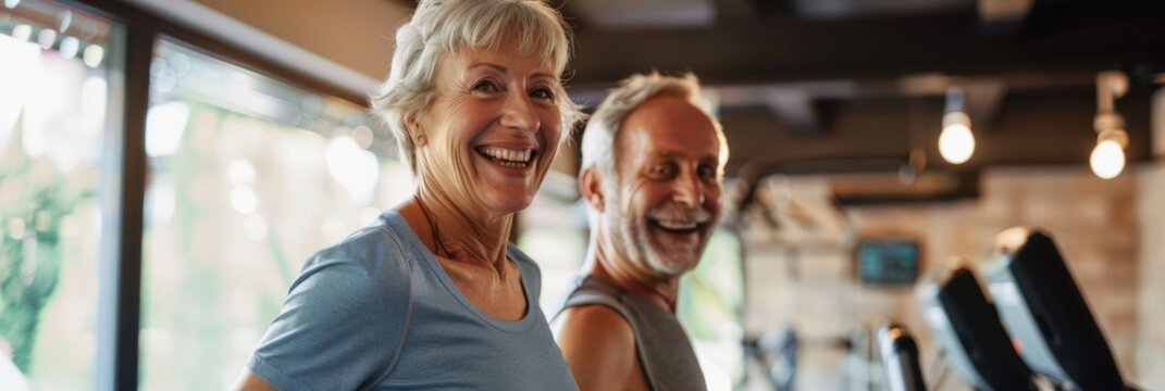 A close-up shot of an active senior couple smiling and jogging together on a treadmill at their local gym