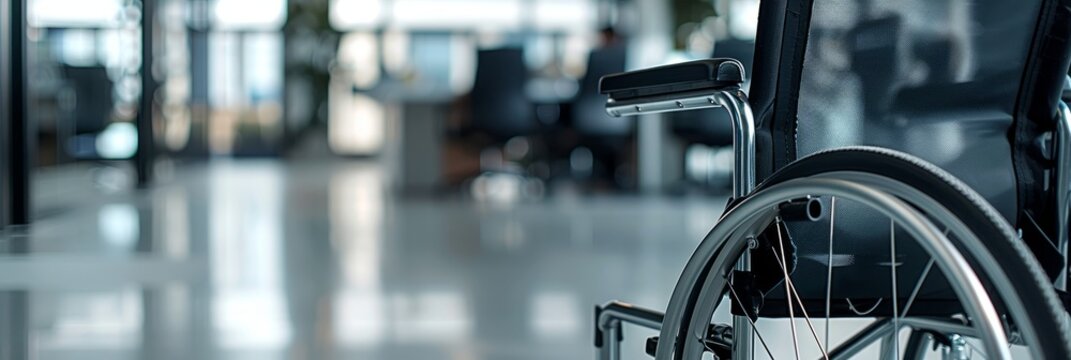 A close-up photo of an empty wheelchair in a modern office environment. The image is framed to emphasize the theme of inclusivity and accessibility
