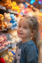 Fototapeta premium A joyful little girl looking with amazement at a colorful display of stuffed animals in a warm and inviting toy store