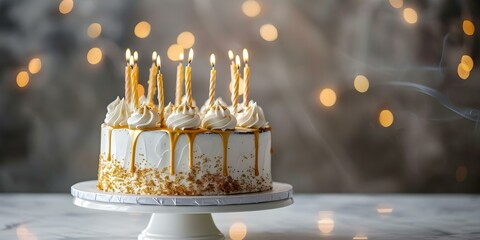 Exquisite white and gold cake embellished with candles, ideal for special occasions. Concept Celebration Cakes, Edible Art, Sparkling Decor, Luxurious Desserts, Elegant Events