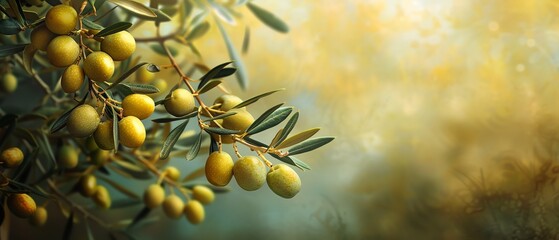 A Ripe green olives dangle from the branches of an olive tree, against a soft, vintagetoned background