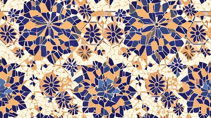 Intricate Floral Mosaic Pattern.  Seamless background design in blue, orange, and white.