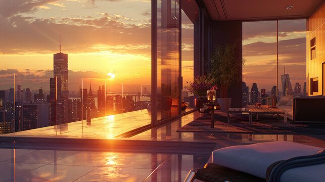 A mesmerizing sunset in the city, casting a warm glow on a modern home's sleek facade. Floor-to-ceiling windows capture the vibrant hues, transforming the dwelling into a radiant urban sanctuary.