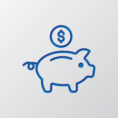 Piggy bank with coin simple icon vector. Flat design. Paper cut design. Cutted blue symbol with shadow. Gray background