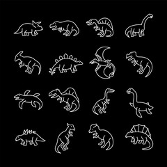 Dinosaurs, white line icons. Reptiles from the Mesozoic era, Tyrannosaurus and Triceratops. educational and historical themes. Symbols on black background. Editable stroke. © Matsabe