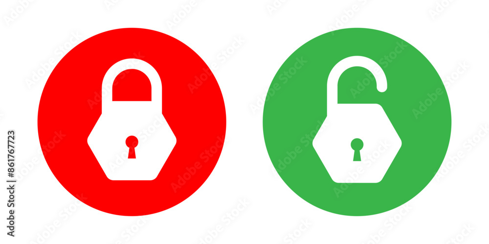 Fototapete lock and unlock icon set in red and green circle in hexagon style for user interface design elements
