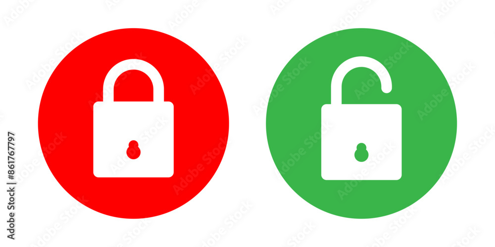 Fototapete lock and unlock icon set in red and green circle in square style for user interface design elements.