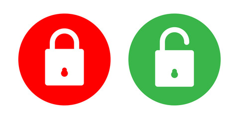 Lock and unlock icon set in red and green circle in square style for user interface design elements. Lock icon collection. Locked and unlocked icon set. Flat security symbol. Vector Icon.