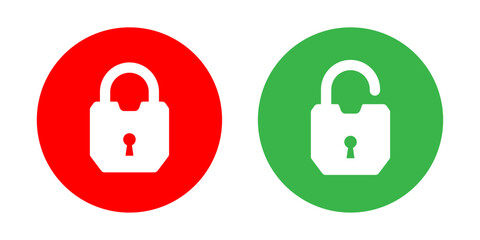 Lock and unlock icon set in red and green circle in strong lock style for user interface design elements. Lock icon collection. Locked and unlocked icon set. Flat security symbol. Vector Icon.