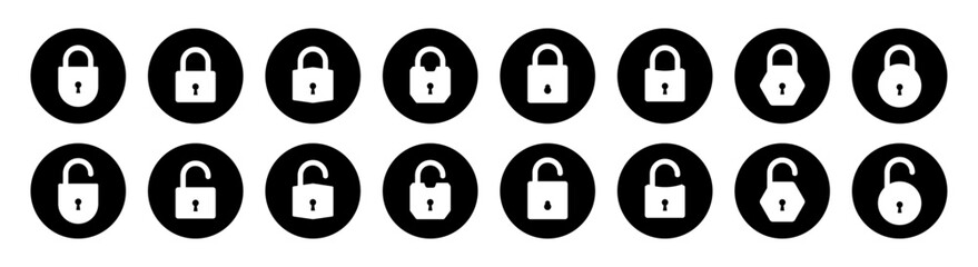 Huge set of lock and unlock icons in black and white color in circle for user interface. Security lock and unlock icons collection. Lock, unlock vector icons.