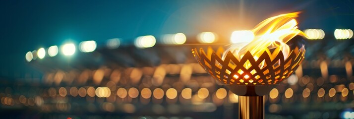 A close-up shot capturing the intense Olympic torch flame against a blurred background of stadium lights and spectators