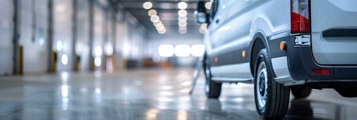 Fototapeta premium A close-up photograph focusing on the logo of a white delivery van parked in an urban loading dock. The van is parked against a backdrop of blurred concrete walls and fluorescent lights