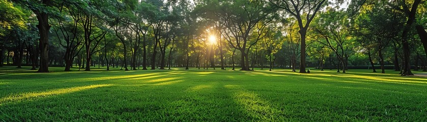 Obraz premium Sunlit park with green grass, trees in the background, serene and lush, wide angle