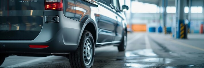 A close-up view of a sleek vans design, highlighting the details of the vehicle parked in a modern setting