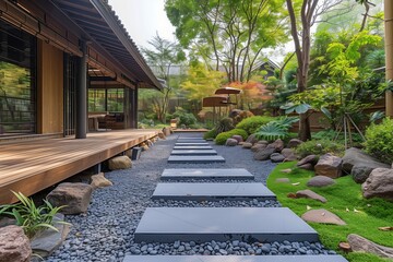 Stone Pathway Leading to a Japanese Style Home With a Wooden Deck