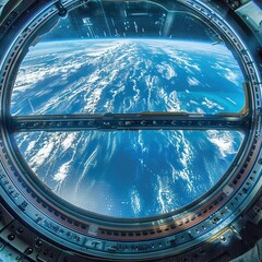 An image of Earth as seen through the window of a space station