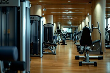 Fototapeta premium Fully equipped gym interior with bodybuilding machines and equipment for fitness enthusiasts