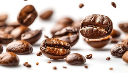 Roasted coffee beans fly up in height on a white background