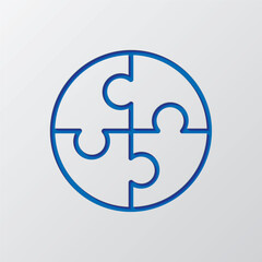 Puzzle, round simple icon vector. Flat design. Paper cut design. Cutted blue symbol with shadow. Gray background