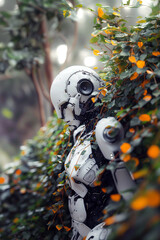 A humanoid robot with a sleek, white design stands amidst lush greenery and vibrant orange flowers, blending technology with nature in a serene setting.
