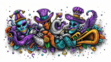The image shows a group of Mardi Gras revelers in colorful costumes and masks