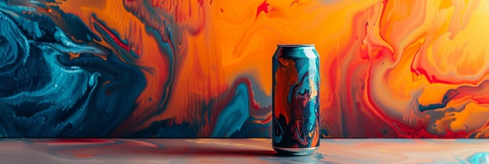 A dynamic photo showcasing a beverage can mockup positioned against a colorful abstract background, offering ample space for design elements