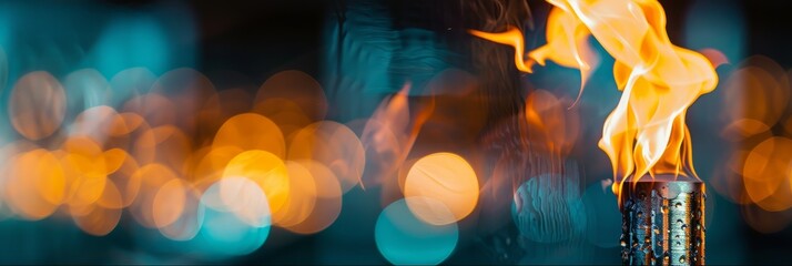 A close-up shot of an Olympic torch flame burning intensely, captured against a blurred background of lights from a sports arena at night