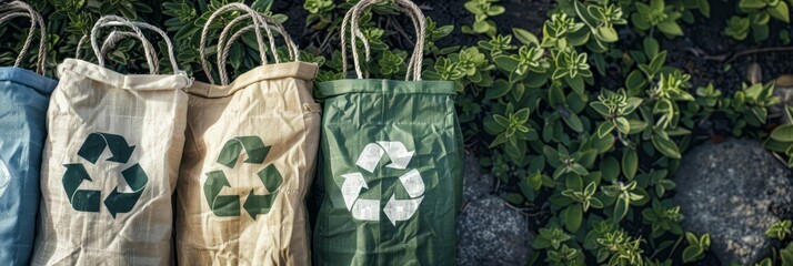 A high-angle photo showcasing eco-friendly, biodegradable bags featuring prominent recycling symbols, arranged neatly against a backdrop of lush green foliage