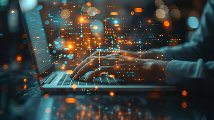 Software development concept. Coding programmer, software engineer working on laptop with javascript computer code on virtual screen, internet of things IoT, digital technology 