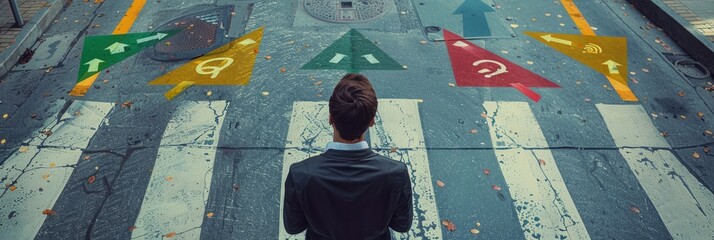 A businessman stands at a crossroads in an urban setting, contemplating multiple directional signs with different career paths